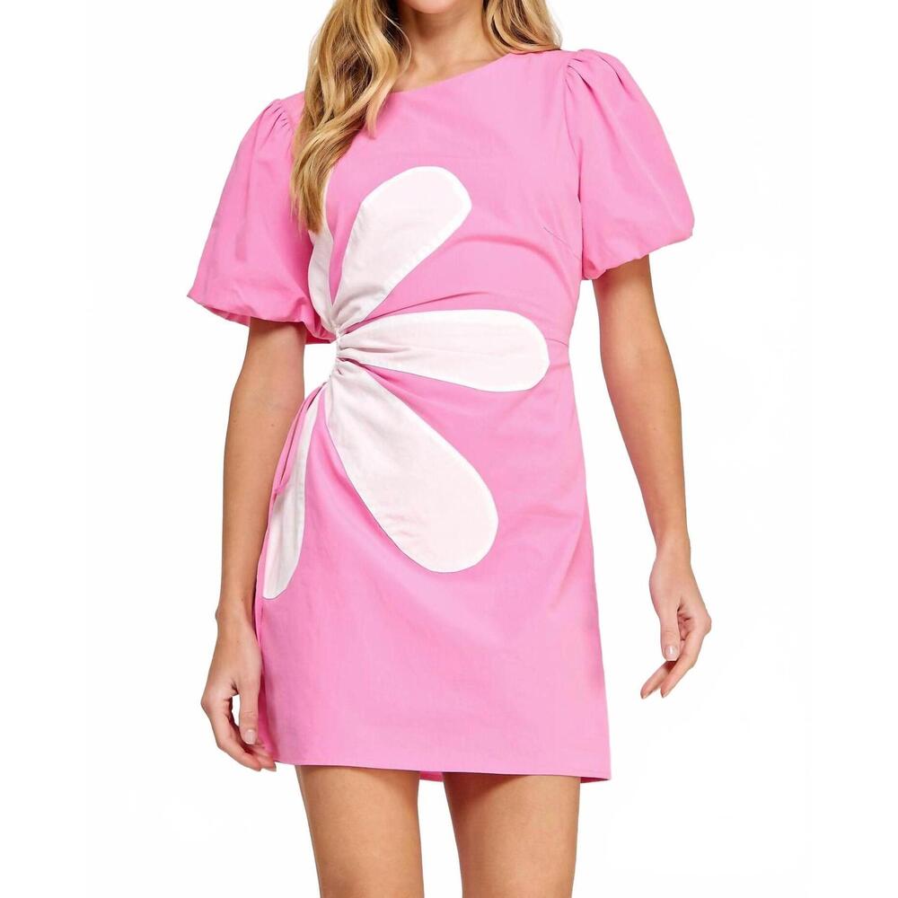 Pink Puff-Sleeve Mini Dress with White Petal Accent